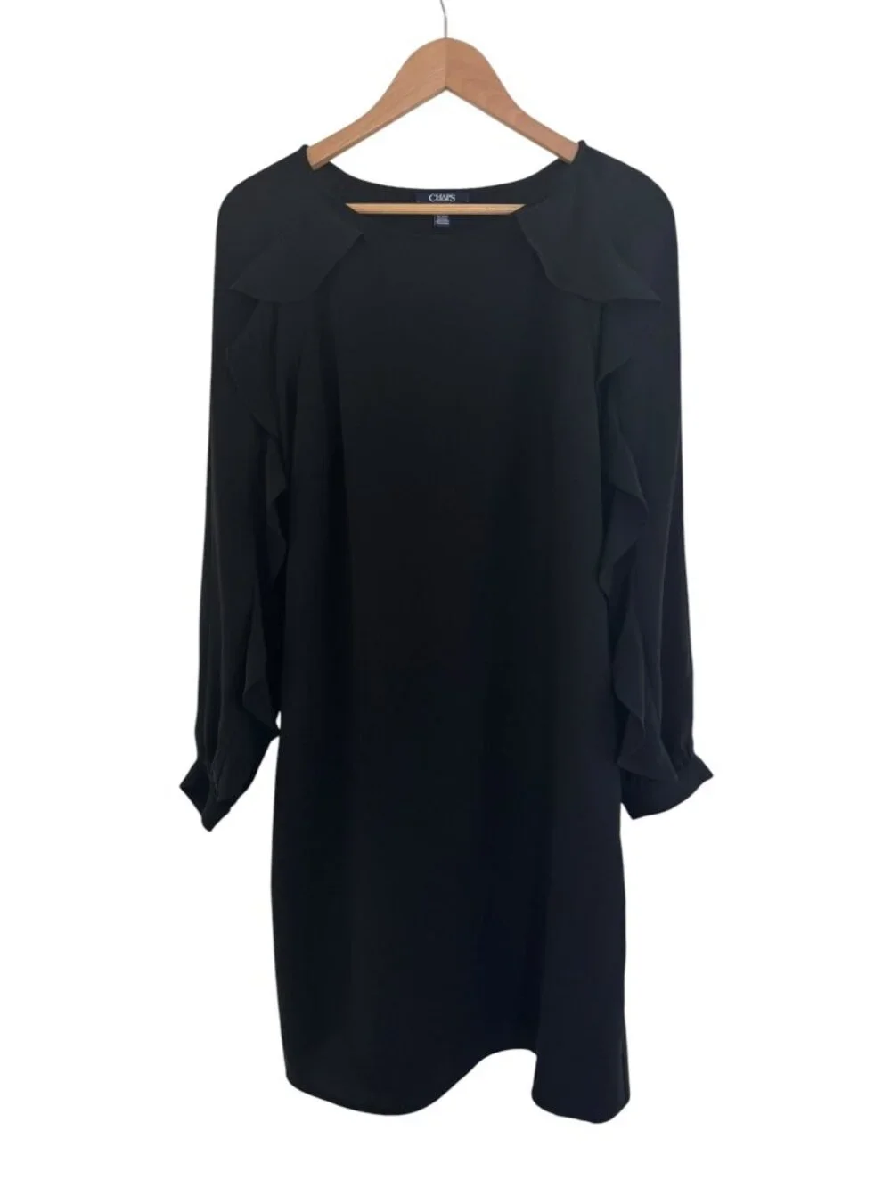 Chaps Black Ruffle Long Sleeve Shift Dress Size 12 Classic All-Season Wedding